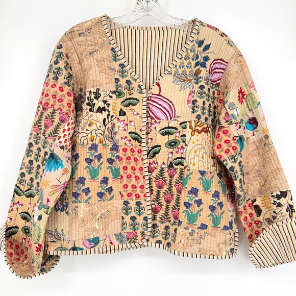 Jackets & Blazers - Reversible Quilted Patchwork Jacket Tan Multi Floral Kantha Style Button Front M